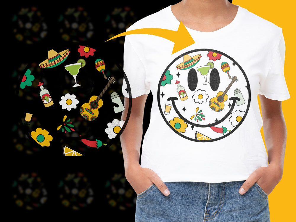 Kids White T-Shirt with Mexican Culture Print, Colorful Fiesta Graphics, Casual Cotton Tee for Children