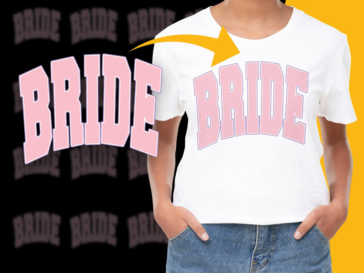 Bride Graphic T-Shirt, Pink Text Wedding Party Tee, Bachelorette Party Outfit, Trendy Bridal Shower Gift Ideas