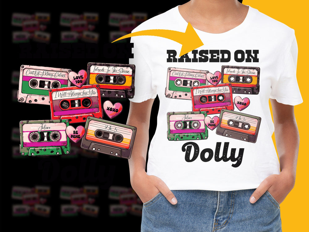 Vintage Cassette Tape Graphic T-Shirt, Retro Music Tee, Raised on Dolly, Colorful Unisex Shirt