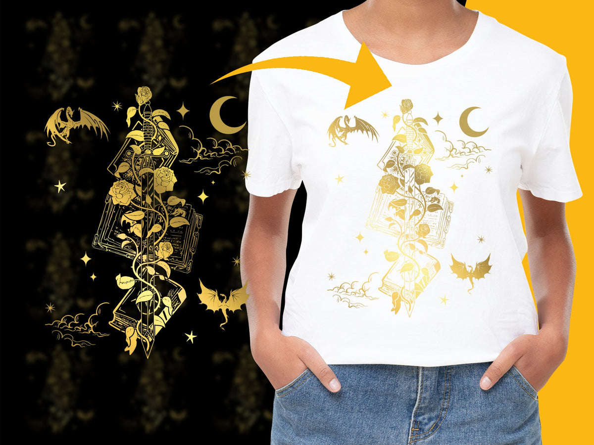 Women's White T-Shirt with Whimsical Gold Tarot Graphic, Celestial Moon and Stars Design, Trendy Casualwear