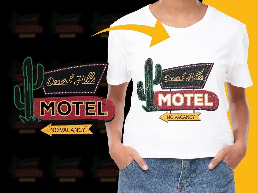 Desert Hills Motel No Vacancy Cactus Graphic T-Shirt, Vintage Style Retro Tee, Casual Fashion Top for Men and Women