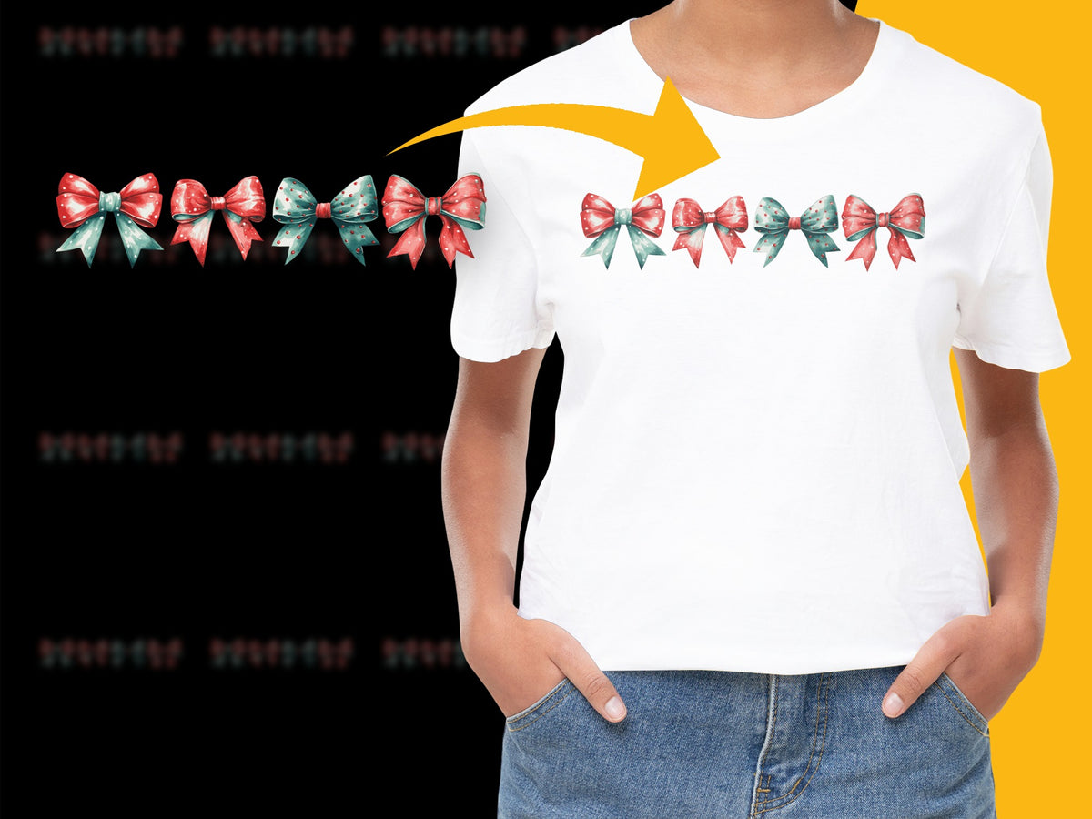 Festive Holiday Bow Graphic T-Shirt, Women's Christmas Tee, Stylish Casual White Shirt with Red and Green Bows Design