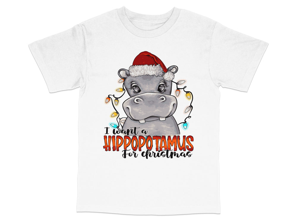 Christmas Hippopotamus T-Shirt, Santa Hat, Funny Holiday Tee, Festive Animal Shirt with Lights, Unisex Kids and Adults