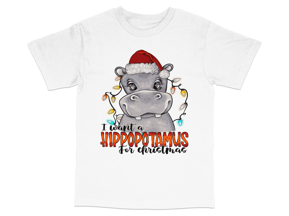 Christmas Hippopotamus T-Shirt, Santa Hat, Funny Holiday Tee, Festive Animal Shirt with Lights, Unisex Kids and Adults
