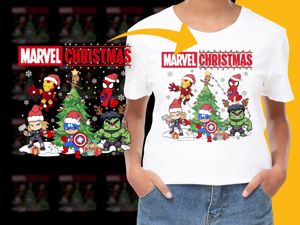 Marvel Christmas T-Shirt, Cute Superhero Holiday Graphic Tee, Kids and Adult Sizes Available