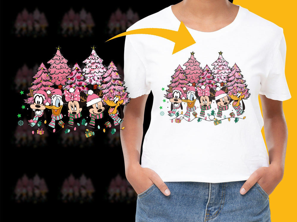 Festive Cartoon Character Christmas Tree Graphic T-Shirt, Holiday Family Matching Tees