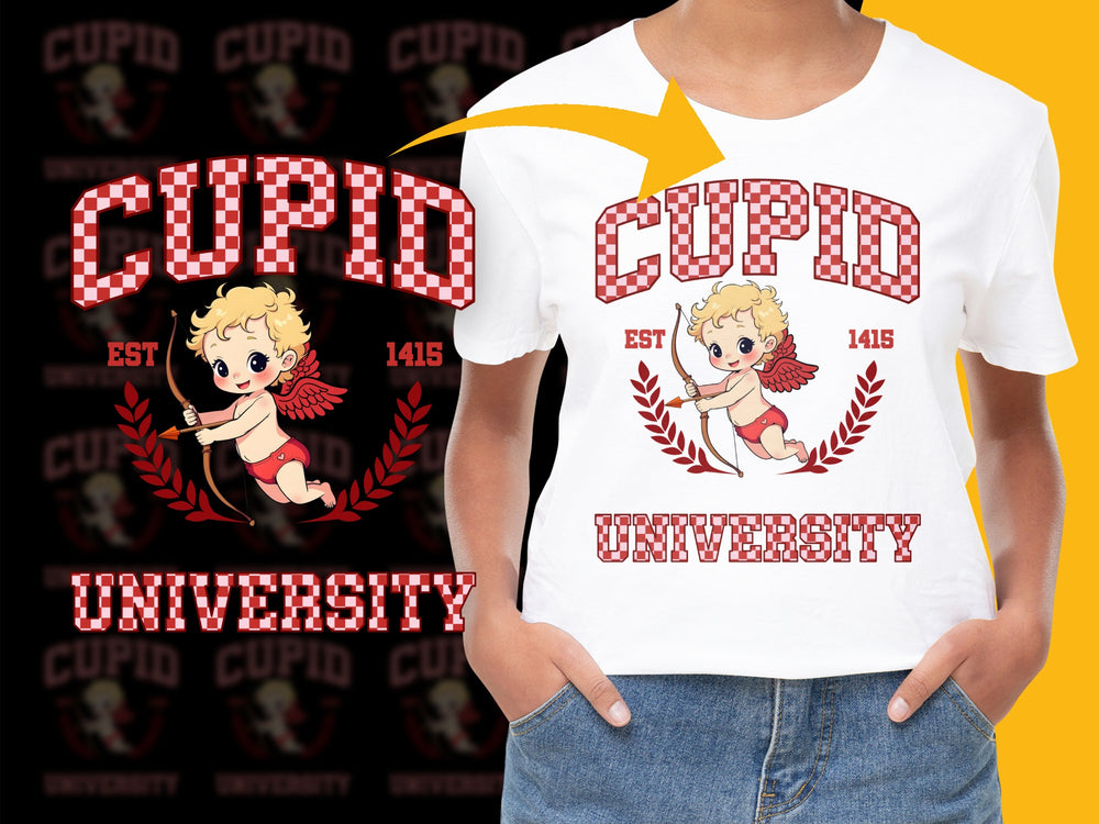 Cupid University T-Shirt, Vintage Cartoon Angel, Retro Style Graphic Tee, Valentine's Day Gift, Unisex Fashion Clothing