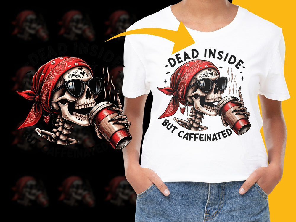 Dead Inside But Caffeinated T-Shirt, Skull Graphic, Red Bandana, Coffee Lover Tee, Casual Summer Wear, Trendy Skull Design Shirt