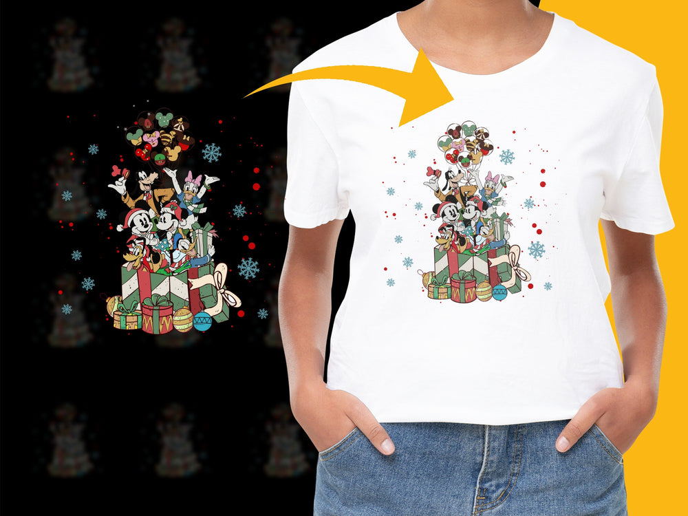 Festive Holiday T-Shirt with Cartoon Characters, Christmas Gifts Graphic Tee, Unisex White Shirt for All Ages