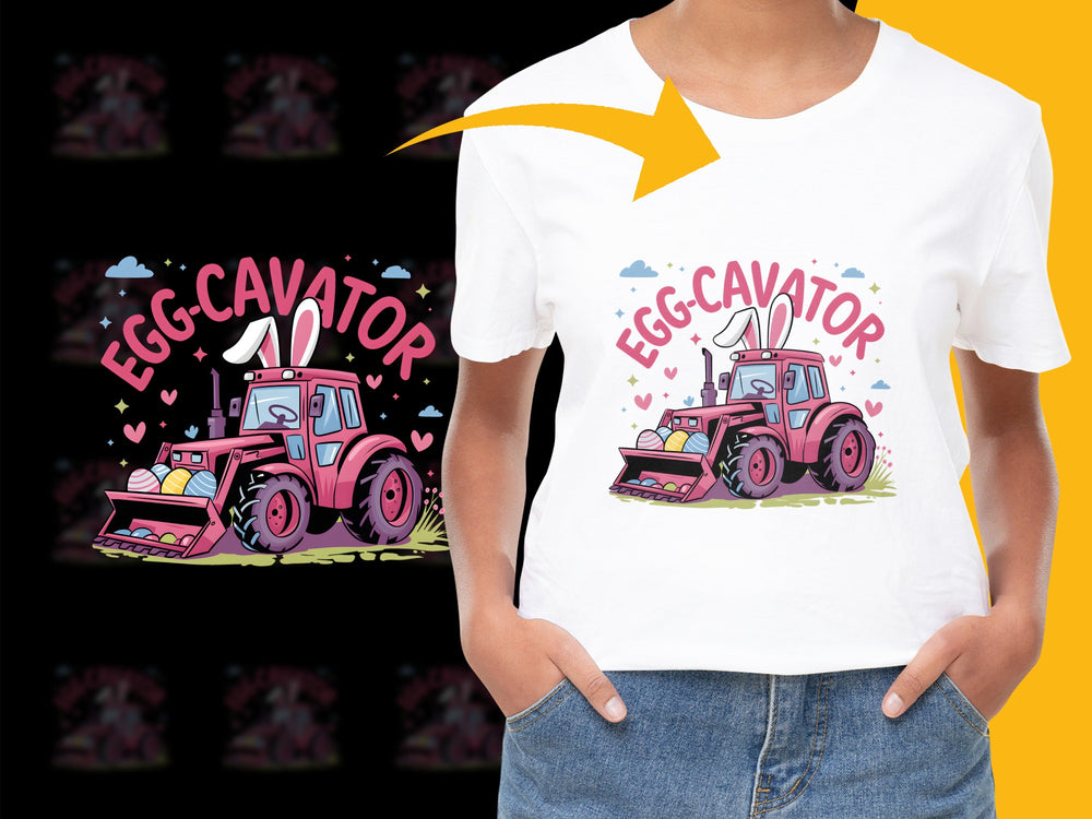 Kids Egg-Cavator T-Shirt, Cute Easter Tractor Graphic Tee, Boys and Girls Spring Fashion Fun