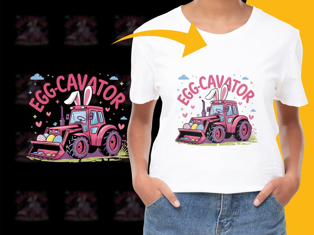 Kids Egg-Cavator T-Shirt, Cute Easter Tractor Graphic Tee, Boys and Girls Spring Fashion Fun