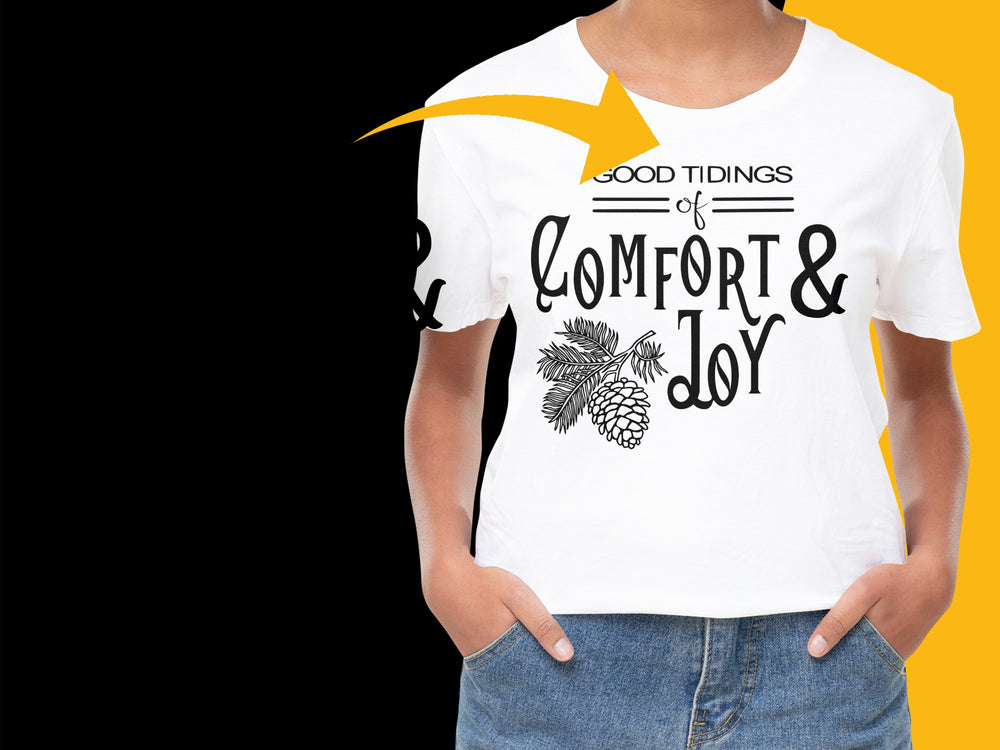 Comfort and Joy Holiday T-Shirt, Pinecone Graphic, Festive White Tee for All Ages