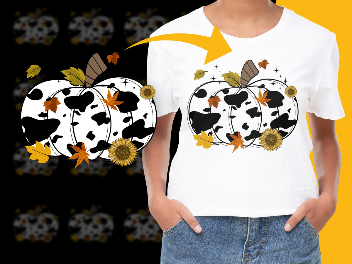Women's Fall T-Shirt with Cow Print Pumpkin Design, Autumn Leaves Graphic Tee, Casual Fashion Tops