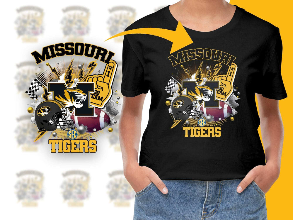 Missouri Tigers T-Shirt, Bold Graphic Design, Black and Gold, Sports Fan Apparel, SEC Tigers, Racing Flags Motif, Unisex Fit