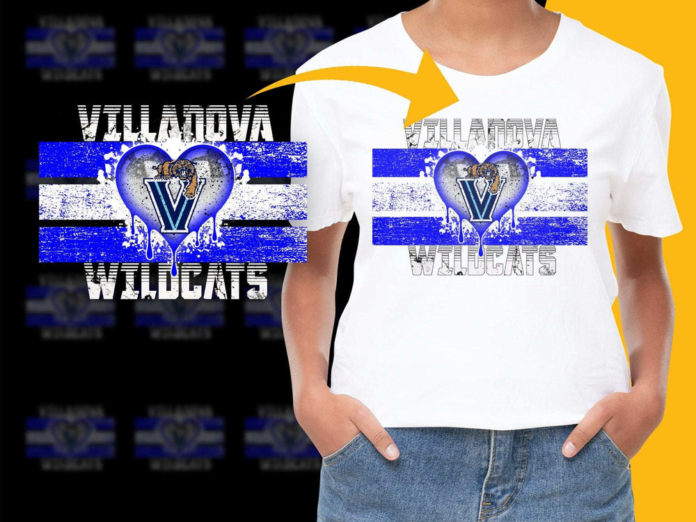 Villanova Wildcats Heart Logo T-Shirt, Blue and White College Fan Apparel, Distressed Style Graphic Tee, Sports Fashion Top