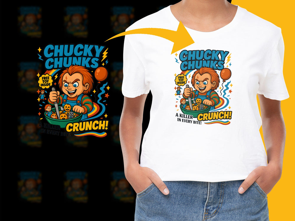 Chucky Chunks Cereal Graphic T-Shirt, Vintage Horror Movie Tee, Unisex Pop Culture Apparel