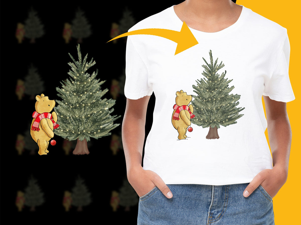 Kids Winnie the Pooh Christmas Tree Graphic T-Shirt, Holiday Gift, Cute Cartoon Bear Tee