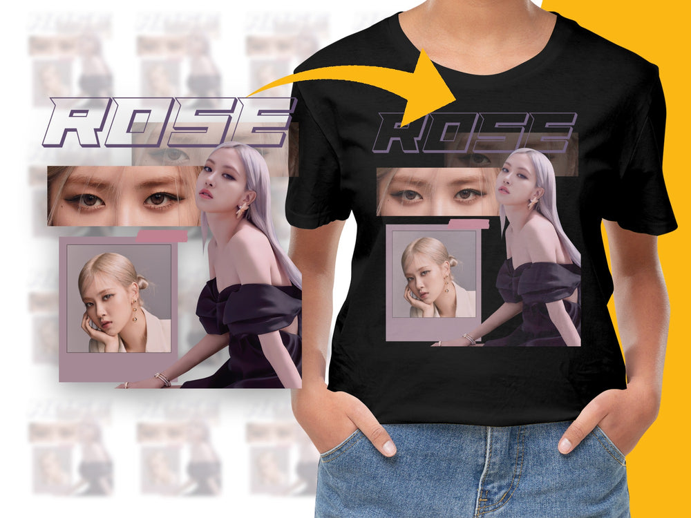 Women's Black T-Shirt with K-Pop Idol Rose Graphic, Stylish Pop Star Tee, Fashionable Casual Top, Trendy Music Fans Apparel