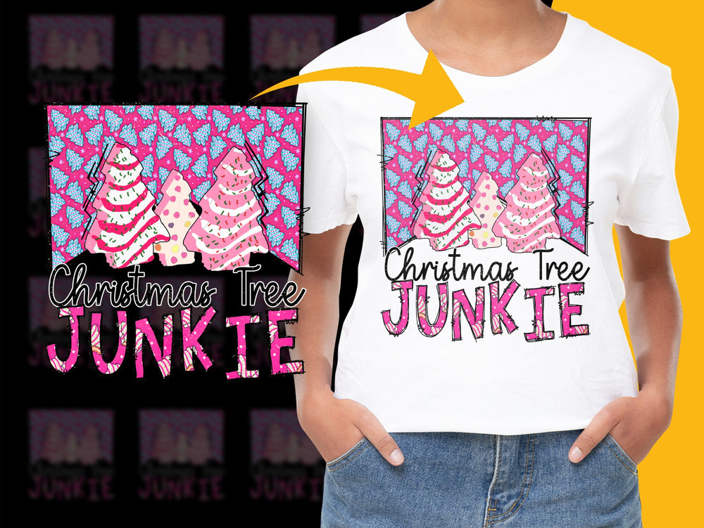Christmas Tree Junkie T-Shirt, Bright Pink Holiday Graphic Tee, Festive Casual Apparel for All Ages