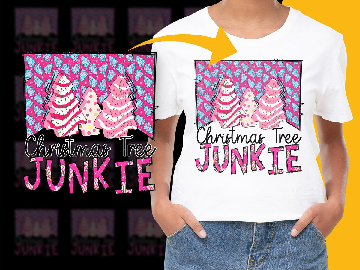 Christmas Tree Junkie T-Shirt, Bright Pink Holiday Graphic Tee, Festive Casual Apparel for All Ages