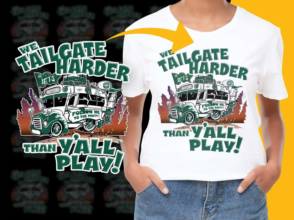 Tailgate Harder Than Y'all Play T-Shirt, Vintage Truck Graphic, Jets Fan Tee, Sports Event Apparel, Unisex Football Shirt