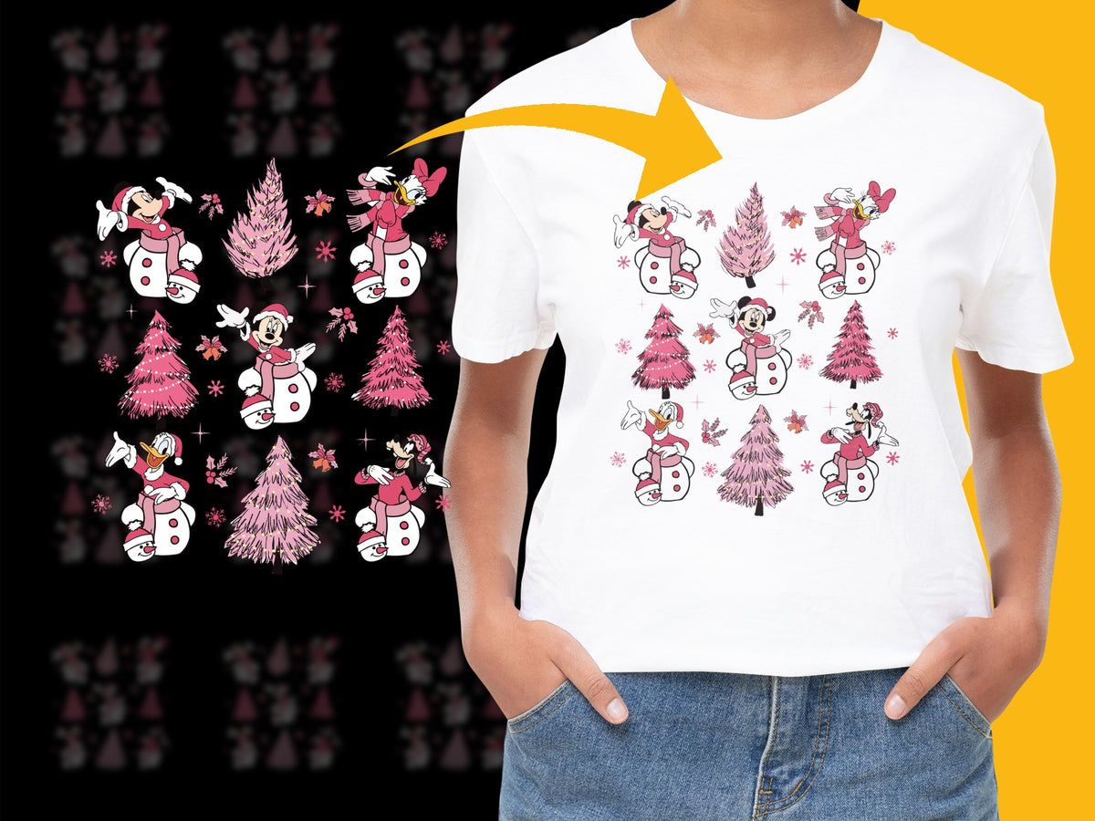 Women's Holiday T-Shirt with Cute Snowman and Pink Trees, Festive Christmas Graphic Tee, Casual Winter Wear