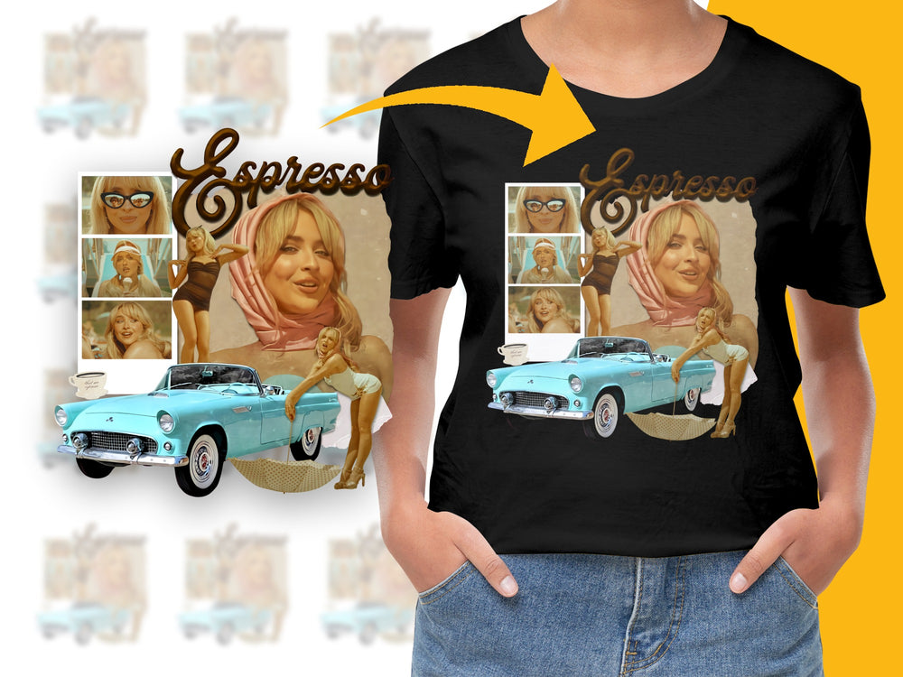 Retro Espresso T-shirt, Vintage Car and Glamorous Woman, Stylish Summer Tee, Coffee Lover Gift