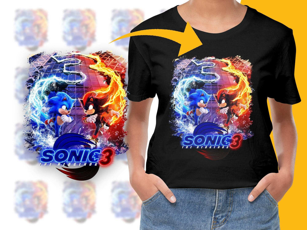 Sonic 3 Fan T-Shirt, Classic Video Game Tee, Retro Sonic, Knuckles, Fire and Ice Design, Unisex Black Top