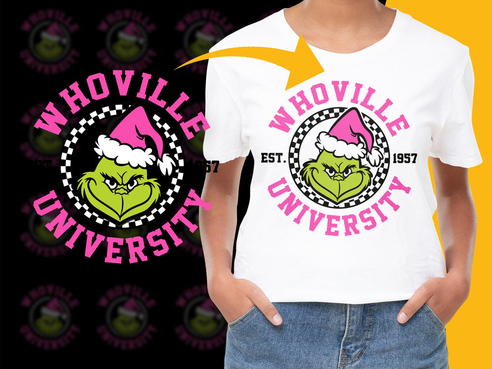 Whoville University T-Shirt, Grinch Face, Retro College Style, Pink and Black, Est. 1957, Unisex Graphic Tee