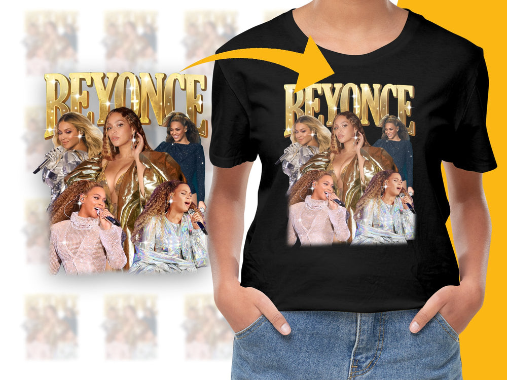 Beyonce Inspired Graphic T-Shirt, Pop Star Collage Design, Trendy Music Fan Apparel, Black Tee