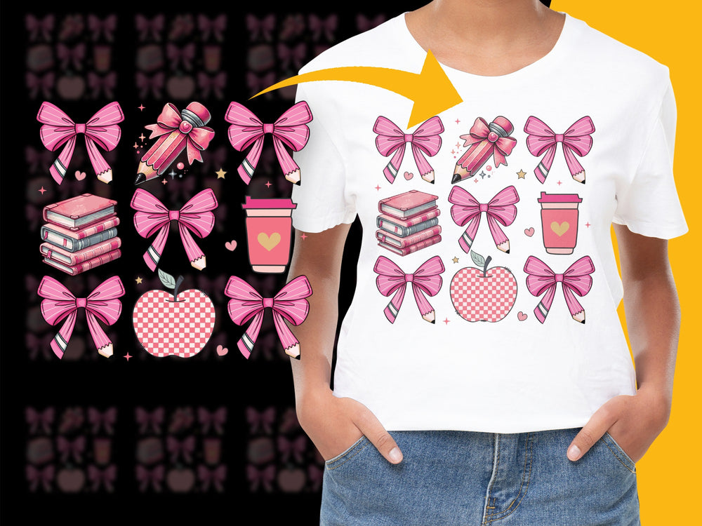 Cute Pink Bow and Heart Graphic T-Shirt Women, Kids Valentine's Day Gift Ideas