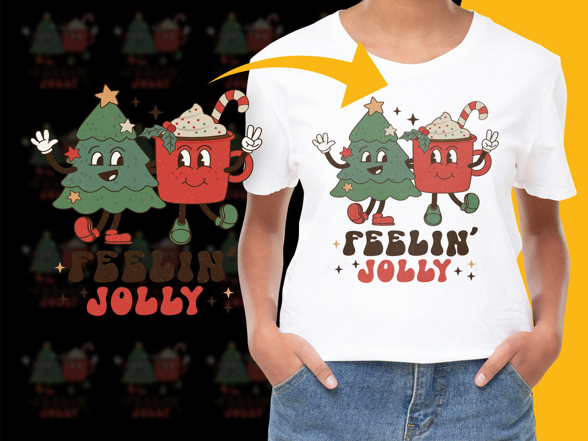 Christmas T-Shirt Feeling Jolly Kids Holiday Tee Cute Festive Tree Characters Red and Green Top for Children
