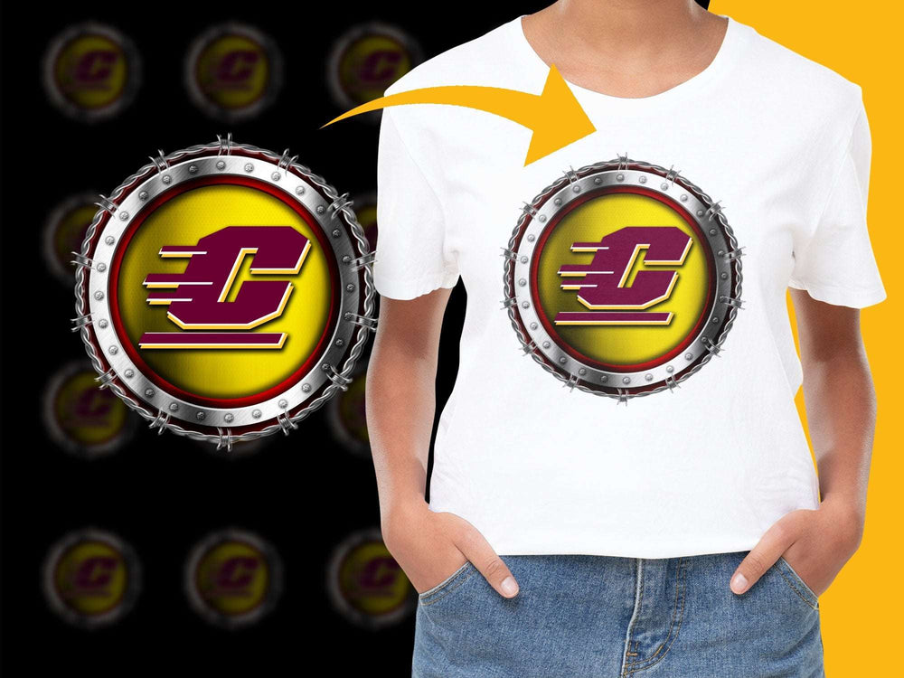 Trendy Graphic T-Shirt with Bold Yellow and Purple Logo Design, Stylish Casual Wear