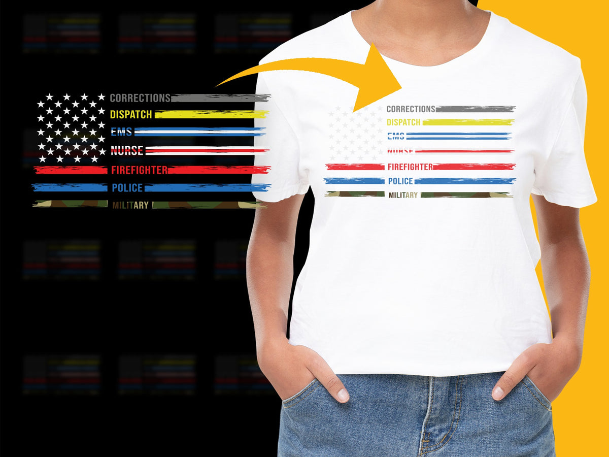 Patriotic T-Shirt EMS Military Police Firefighter Dispatch Thin Line Flag Design Unisex Tee