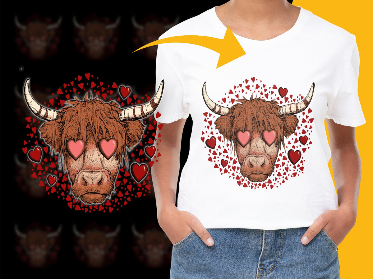 Cute Highland Cow T-Shirt with Heart Eyes, Love Symbols, Animal Graphic Tee for Valentine's Day Gift