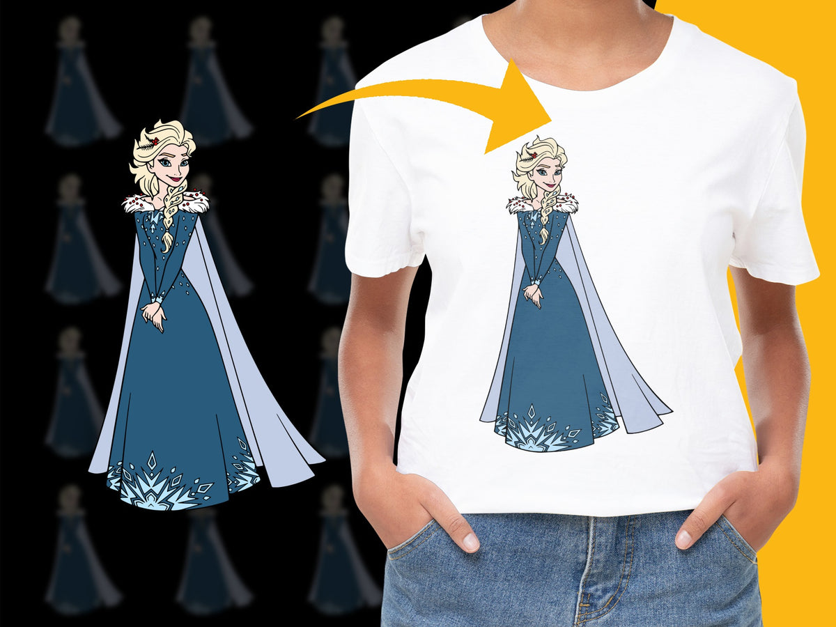 Kids Elsa Inspired T-Shirt, Cartoon Princess Graphic Tee, Children's Casual Wear, Blue and White