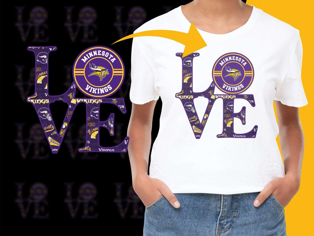 Minnesota Vikings Love Graphic T-Shirt, Purple Yellow NFL Team Fan Apparel, Casual Sports Tee for Men and Women