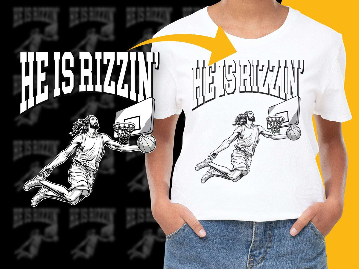 He is Rizzin' Jesus Basketball T-Shirt, Religious Sports Graphic Tee, Urban Streetwear, Youth and Adult Sizes