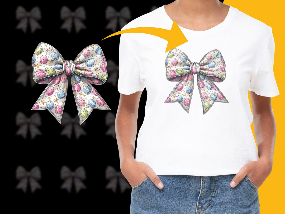 Floral Bow Pattern White T-Shirt for Women, Cute Spring Casual Fashion Top, Unique Graphic Tee Design