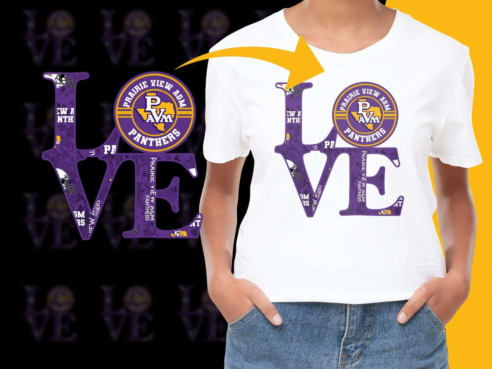 Women's Custom Panther Love Graphic T-Shirt, Purple White School Spirit Tee, Casual Printed Top for Game Day, Unique Sports Apparel.