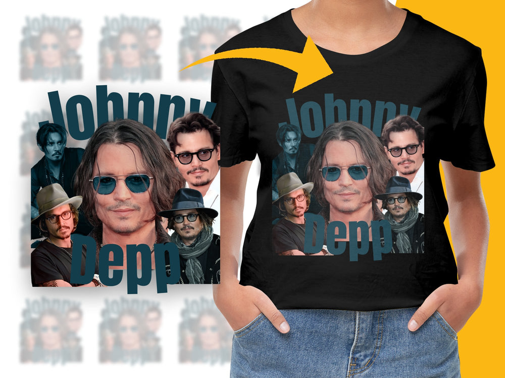 Johnny Depp Fan T-Shirt, Collage of Famous Movie Roles, Actor Inspired Graphic Tee, Unisex Black Shirt