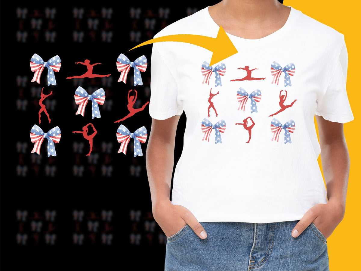 Cheerleader T-Shirt with Red and Blue Bows, Girls' Dance Graphics Tee, Sporty Youth Fashion Top