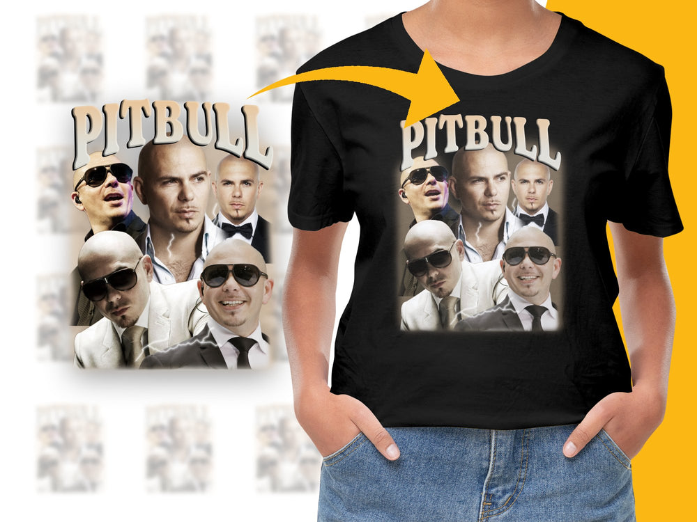 Pitbull Graphic T-Shirt, Men's Black T-Shirt with Celebrity Faces, Music Artist Fan Merchandise