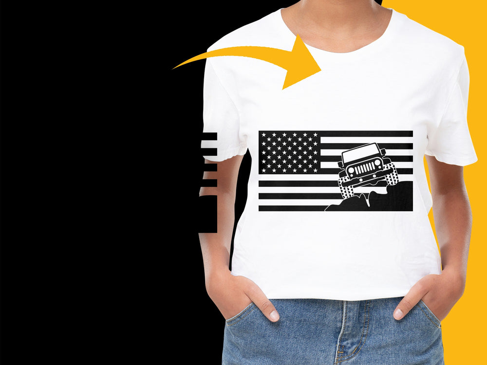 Patriotic T-Shirt with American Flag and Off-Road Truck Graphic, Unisex White Tee