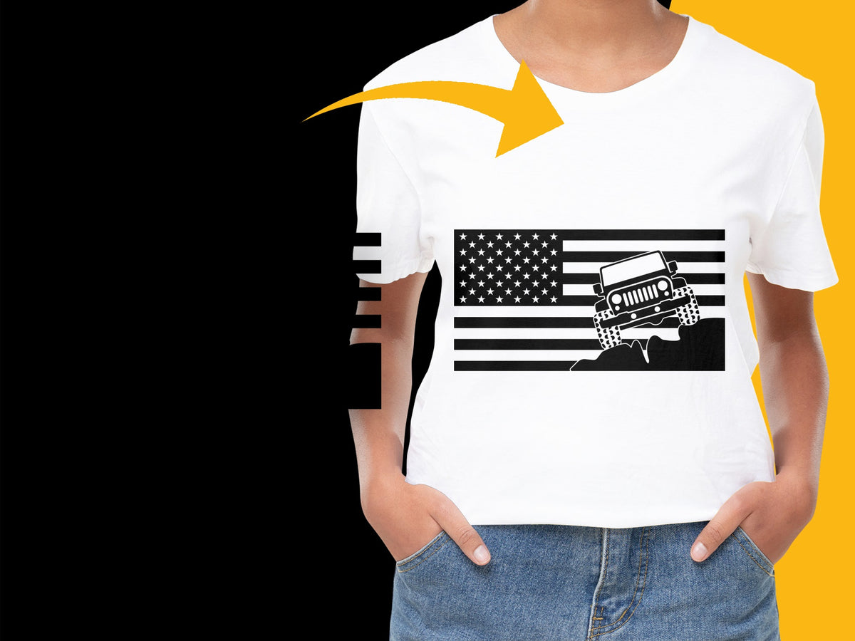 Patriotic T-Shirt with American Flag and Off-Road Truck Graphic, Unisex White Tee