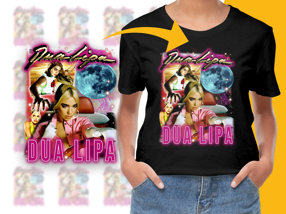 Dua Lipa T-Shirt Retro Pop Art Graphics Moon Background Vintage Style Black Tee Music Fan Apparel