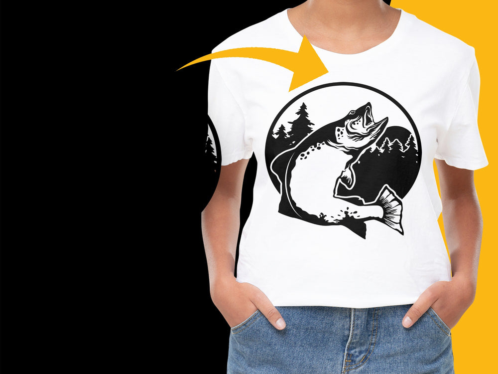 Men's White Graphic T-Shirt with Black Fishing and Mountain Design, Casual Outdoor Wear
