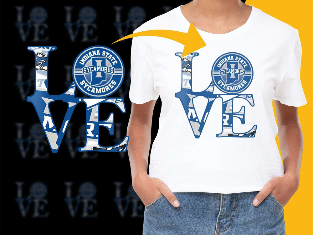 Indiana State Sycamores Love Graphic T-Shirt, Blue and White College Tee, Casual Sports Apparel for Fans