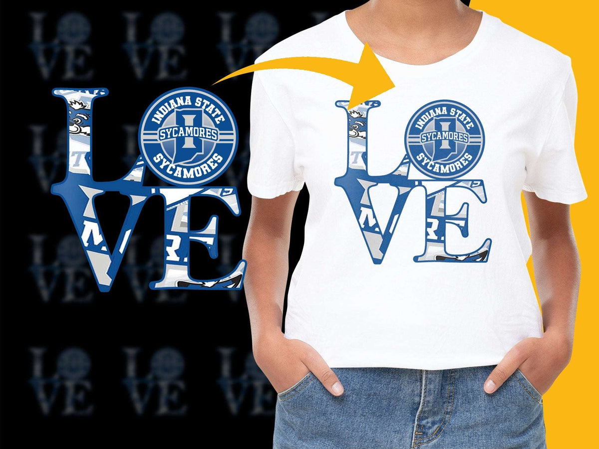Indiana State Sycamores Love Graphic T-Shirt, Blue and White College Tee, Casual Sports Apparel for Fans