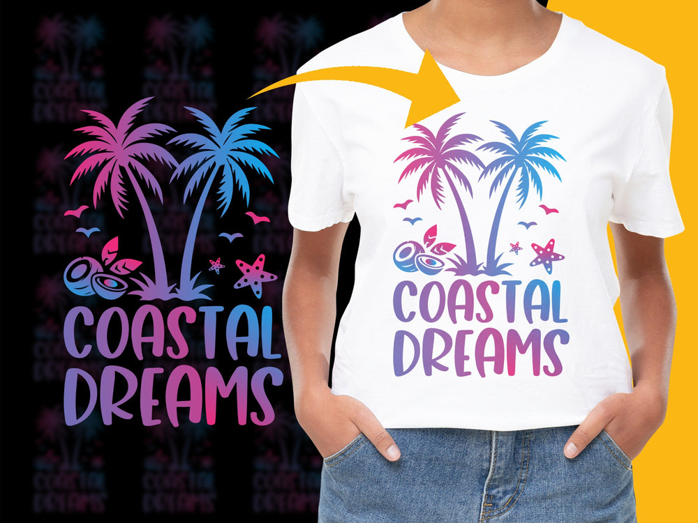 Coastal Dreams Graphic T-Shirt, Tropical Palm Trees, Summer Beach Design, Women's Fashion Top